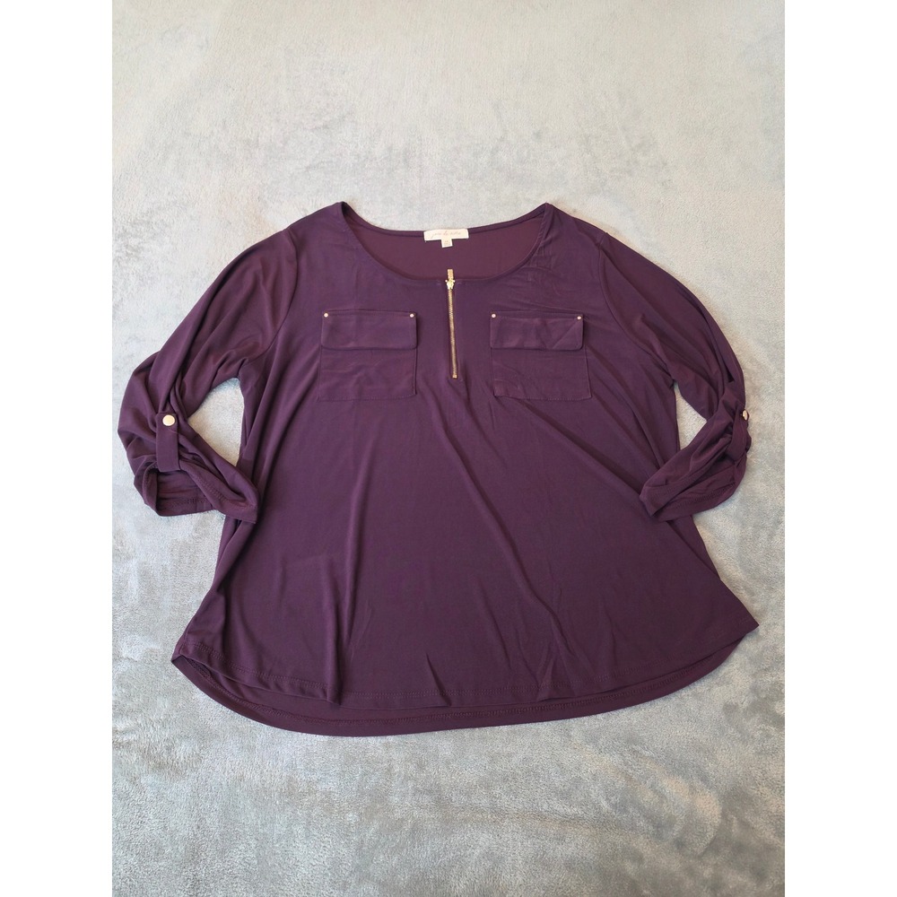 Joie de Vivre Womens 2X Plum Purple Half Zip Roll Tab Sleeve Blouse Plus Size